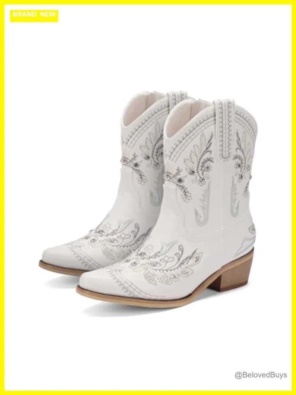 Rhinestone Embroidered Ankle Cowboy Boots Chunky Heel Western Booties
